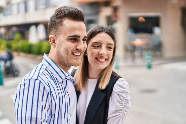 Man Woman Couple Smiling Confident Standing Together Street — 图库照片