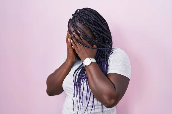 Young African Woman Standing Pink Background Sad Expression Covering Face — Stock Photo, Image