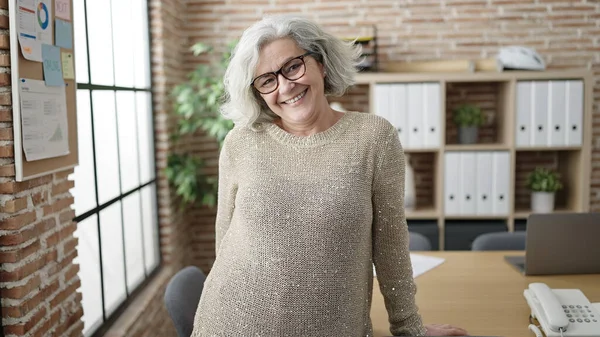 オフィスで自信を持って笑顔灰色の髪ビジネス労働者と中年女性 — ストック写真