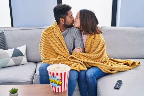 Man Woman Couple Watching Movie Sitting Sofa Home — стоковое фото