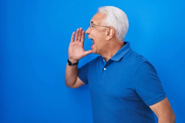 Hombre Mediana Edad Con Pelo Gris Pie Sobre Fondo Azul —  Fotos de Stock