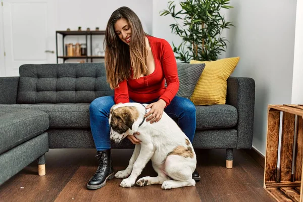 Jovem Mulher Abraçando Cão Sentado Sofá Casa — Fotografia de Stock