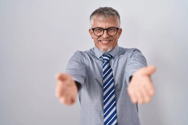 Hispanic Business Man Grey Hair Wearing Glasses Smiling Cheerful Offering — Stock Photo, Image