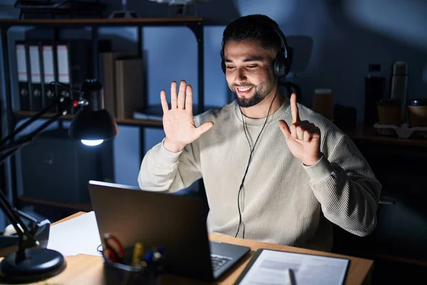 Young Handsome Man Working Using Computer Laptop Night Showing Pointing — Stock Photo, Image