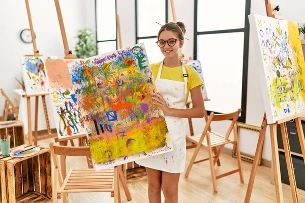 Adorable Girl Smiling Confident Holding Canvas Draw Art Studio — 图库照片