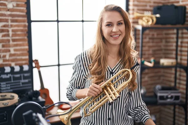 Young Blonde Woman Musician Holding Trumpet Music Studio — Foto de Stock
