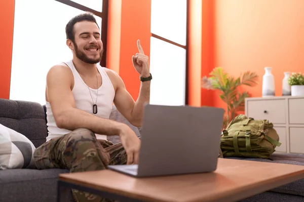 Young Hispanic Man Wearing Camouflage Army Uniform Doing Video Call — Stock Photo, Image