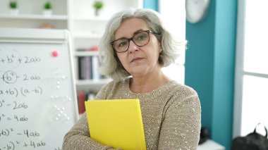 Middle age woman with grey hair teacher teaching maths lesson holding book at university classroom