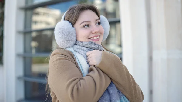 Young Blonde Woman Smiling Confident Wearing Earmuffs Scarf Street — Stock Photo, Image