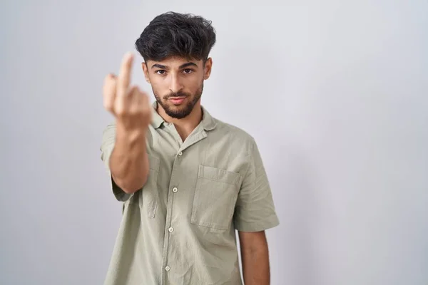 Arab Man Beard Standing White Background Showing Middle Finger Impolite — Stock Fotó