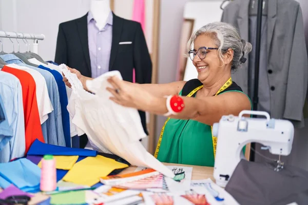 Middle Age Grey Haired Woman Tailor Smiling Confident Holding Shirt — Stock Photo, Image