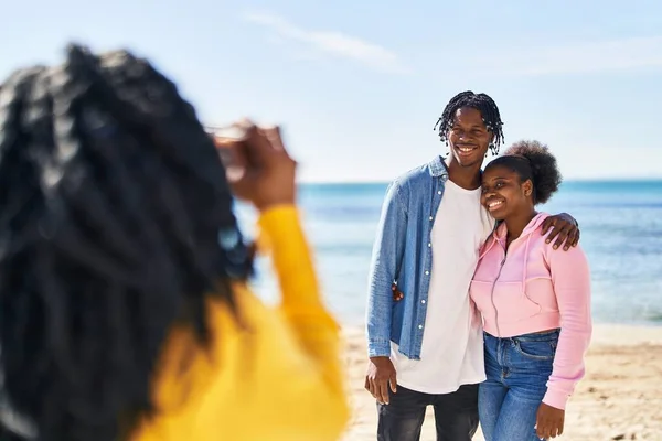 African American Friends Hugging Each Other Making Photo Seaside — Stockfoto
