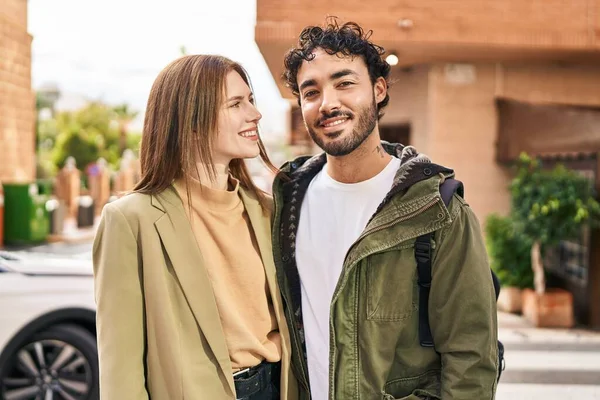 Man Woman Smiling Confident Hugging Each Other Street — Foto Stock