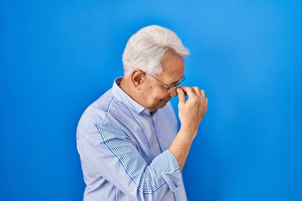 Hispanic Senior Man Wearing Glasses Tired Rubbing Nose Eyes Feeling — Foto de Stock