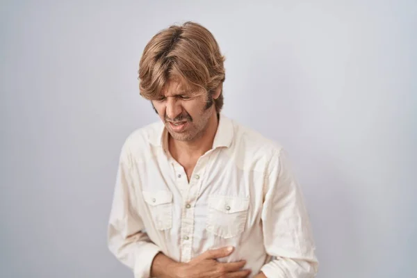 Middle Age Man Standing Isolated Background Hand Stomach Because Indigestion — Stock Photo, Image