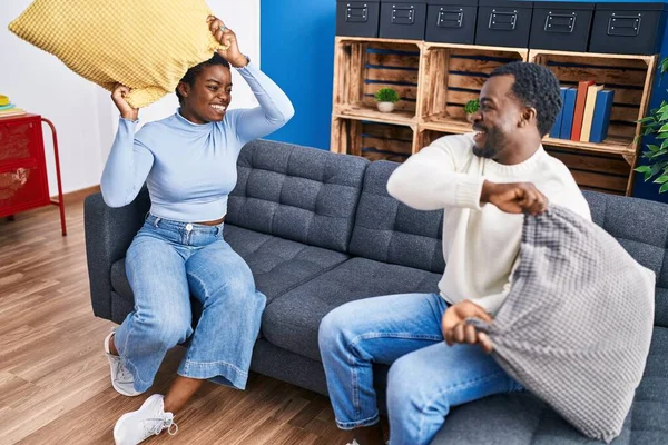 Man Woman Couple Fighting Cushion Sitting Sofa Home — Photo