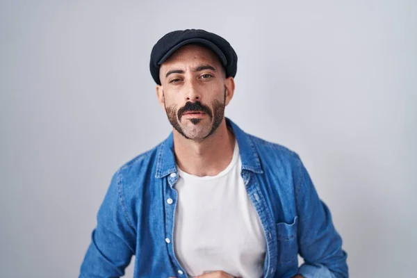 Hispanic Man Beard Standing Isolated Background Hand Stomach Because Indigestion — 스톡 사진