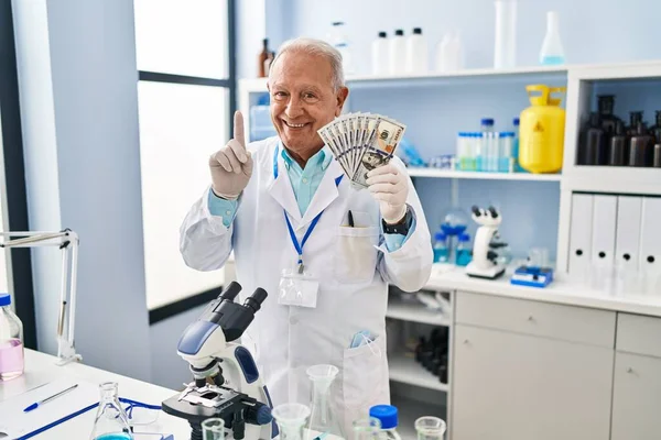 幸せな顔でアイデアや質問を指差す指で驚いてドルを保持している研究室で灰色の髪を持つ上級科学者 ナンバーワン — ストック写真