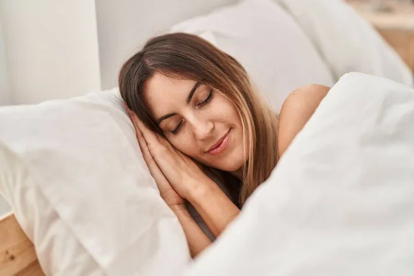 Young Woman Lying Bed Sleeping Bedroom — Fotografia de Stock