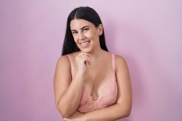 Young Hispanic Woman Wearing Pink Bra Looking Confident Camera Smiling — Stock Photo, Image