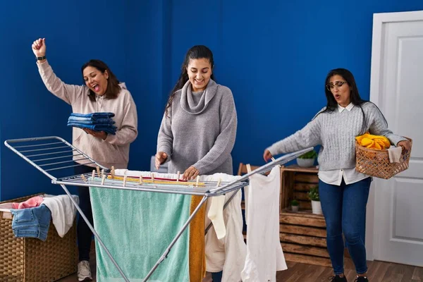 Three Woman Hanging Clothes Clothesline Dancing Laundry Room — Fotografia de Stock