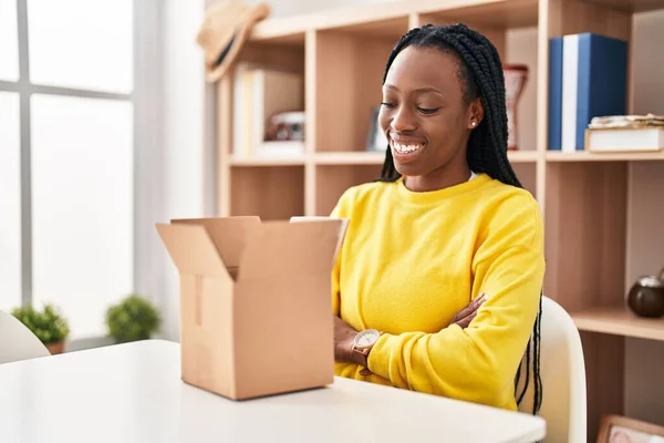Beautiful Black Woman Opening Cardboard Box Happy Face Smiling Crossed — Stock Photo, Image