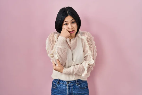 Young Asian Woman Standing Pink Background Looking Stressed Nervous Hands — Stock Fotó