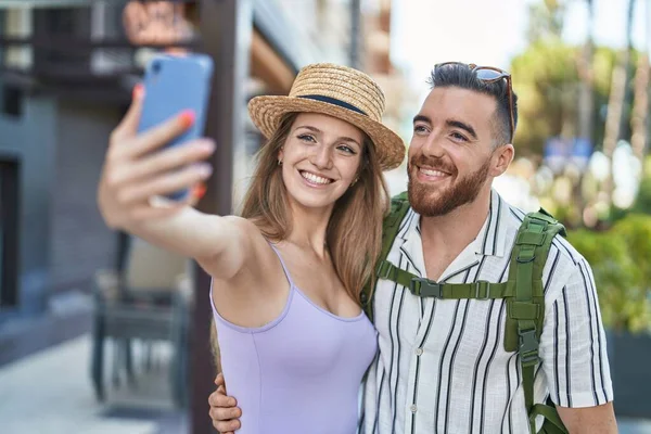 Man Woman Tourist Couple Smiling Confident Make Selfie Smartphone Street — Photo