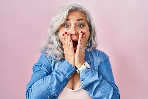 Middle Age Woman Grey Hair Standing Pink Background Afraid Shocked — Stock Photo, Image