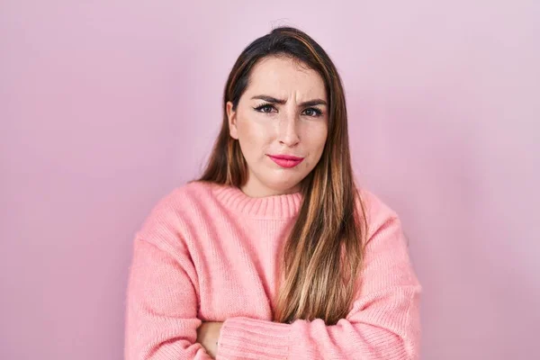 Young Hispanic Woman Standing Pink Background Skeptic Nervous Disapproving Expression — Stock Photo, Image