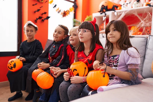 Group Kids Wearing Halloween Costume Holding Pumpkin Basket Home — Stock Photo, Image