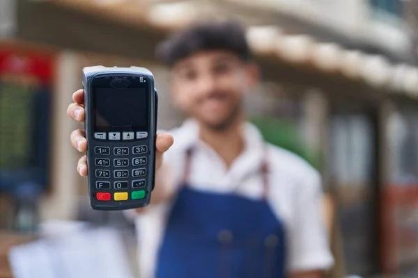 Young Arab Man Waiter Holding Data Phone Working Restaurant — Stockfoto
