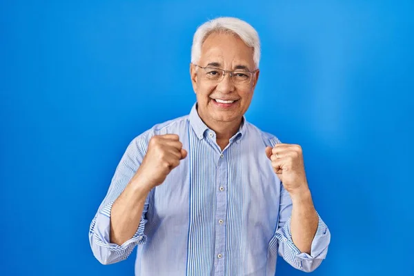 Hispánec Starší Muž Brýlemi Velmi Šťastný Vzrušený Dělá Vítězný Gesto — Stock fotografie