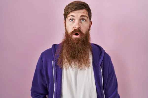 Caucasian Man Long Beard Standing Pink Background Afraid Shocked Surprise — Stock Photo, Image