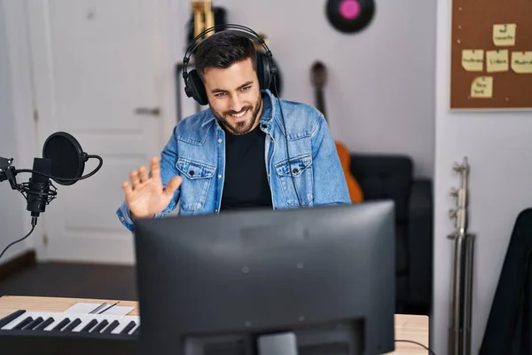 Young Hispanic Man Artist Smiling Confident Having Video Call Music — Stockfoto