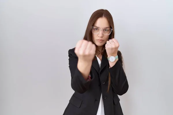 Beautiful Brunette Woman Wearing Business Jacket Glasses Ready Fight Fist — Stock Photo, Image