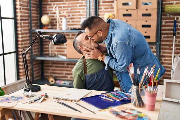 Two Men Artists Drawing Notebook Kissing Art Studio — Stockfoto