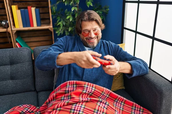 Middle Age Man Wearing Eye Patches Playing Video Game Home — Stock Photo, Image