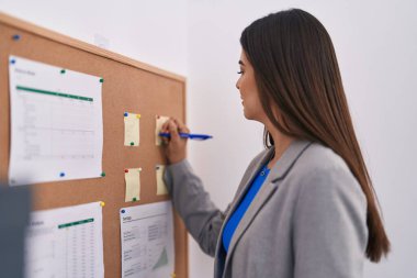 Genç, güzel, İspanyol bir iş adamı ofisteki mantar tahtaya yazı yazıyor.