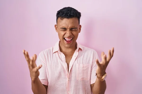 Young Hispanic Man Standing Pink Background Celebrating Mad Crazy Success — Foto Stock