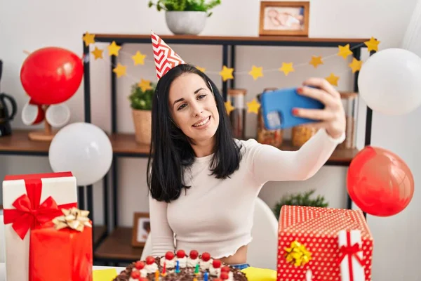 Young Caucasian Woman Celebrating Birthday Making Selfie Smartphone Home — Foto de Stock