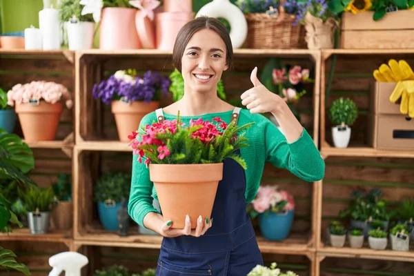 Mujer Hispana Joven Trabajando Floristería Sosteniendo Planta Sonriendo Feliz Positivo —  Fotos de Stock