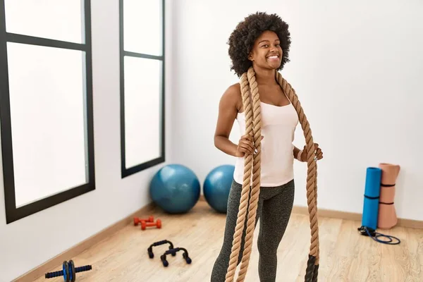 Young African American Woman Smiling Confident Holding Battle Rope Sport — Stock Photo, Image