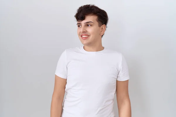 Young Non Binary Man Wearing Casual White Shirt Looking Away — Stock Photo, Image