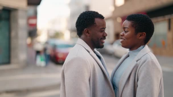 African American Couple Smiling Confident Standing Together Speaking Street — 图库视频影像
