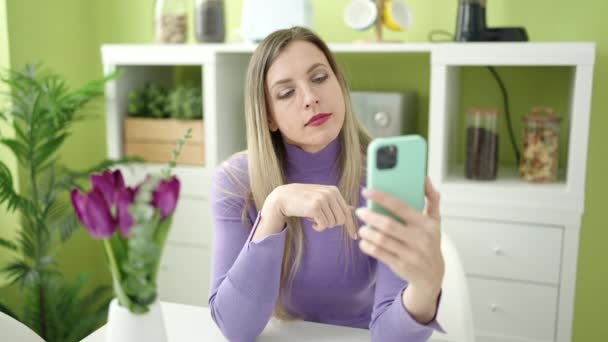 Young Blonde Woman Having Video Call Sitting Sofa Home — Stock videók