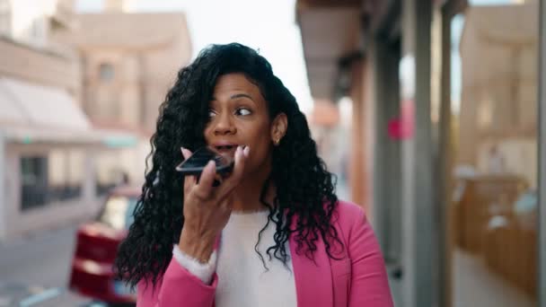 African American Woman Executive Smiling Confident Talking Smartphone Street — Video