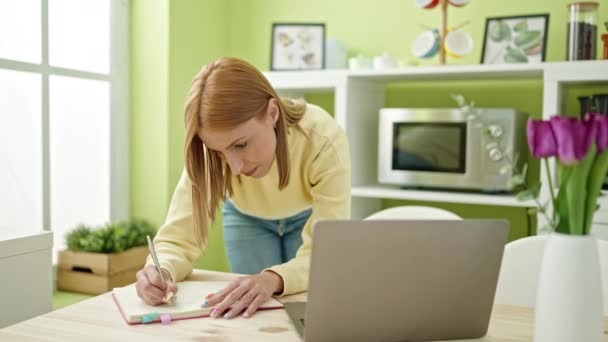 Mujer Rubia Joven Usando Escritura Del Ordenador Portátil Cuaderno Casa — Vídeos de Stock