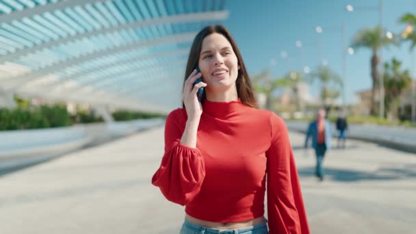 Young Woman Talking Smartphone Walking Park — Video