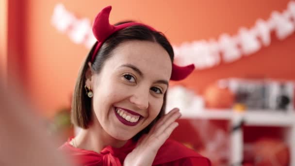 Young Beautiful Hispanic Woman Wearing Devil Costume Make Selfie Camera — Vídeos de Stock